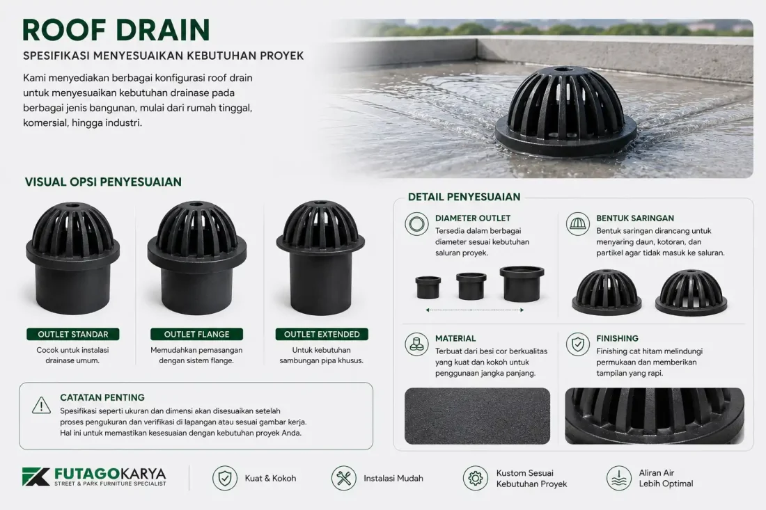 Beberapa model atau ukuran roof drain Futago