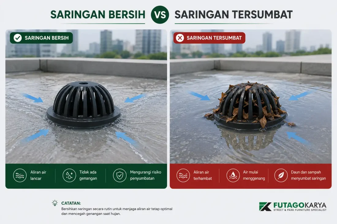 Perbandingan roof drain bersih dan tertutup daun