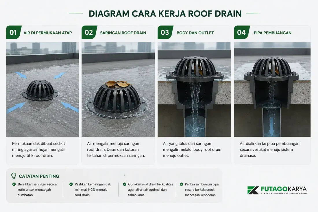 cara kerja roof drain pada sistem pembuangan air hujan