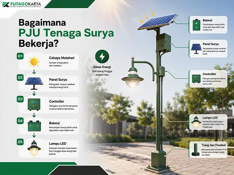 Infografis cara kerja PJU tenaga surya beserta panel surya, baterai, controller, lampu LED, tiang, dan fondasi.