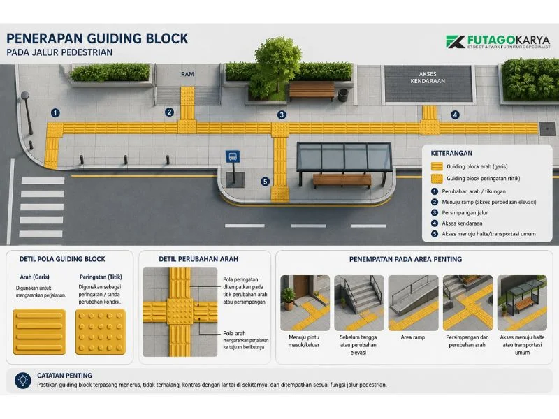 lokasi pemasangan guiding block pada fasilitas pedestrian